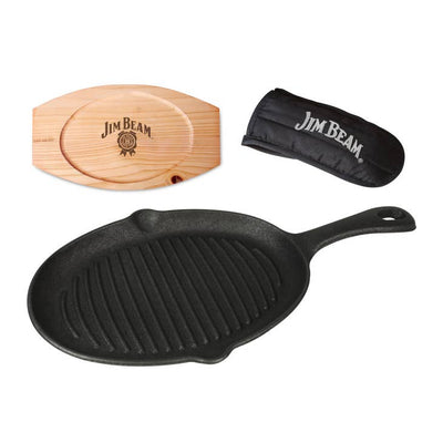 Jim Beam Cast Iron Skillet with Handle Mitt and Wood Trivet - Lucifer's House of Heat
